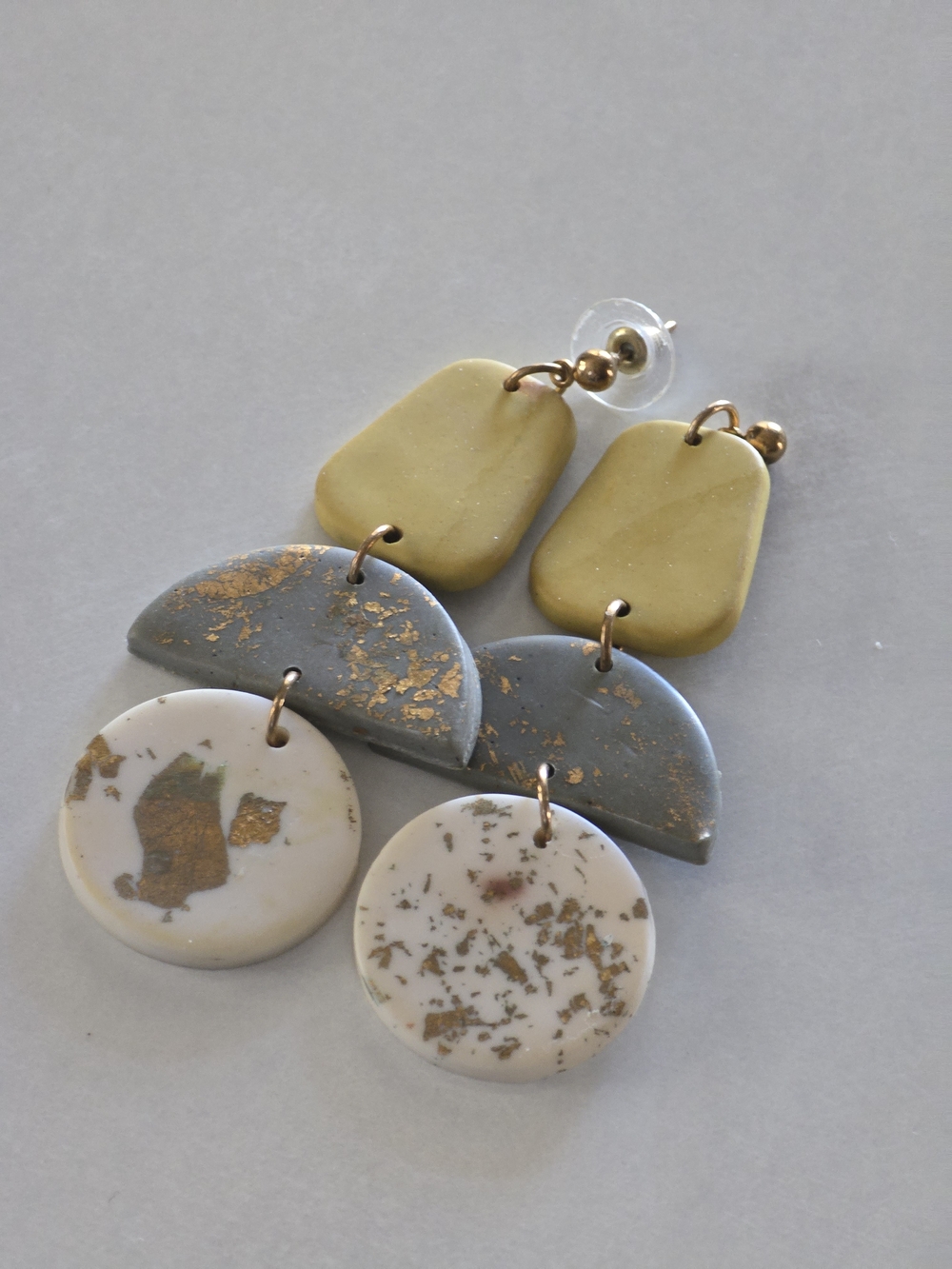 Handcrafted Geometric Polymer Clay Statement Earrings Mustard Gray Gold Handmade